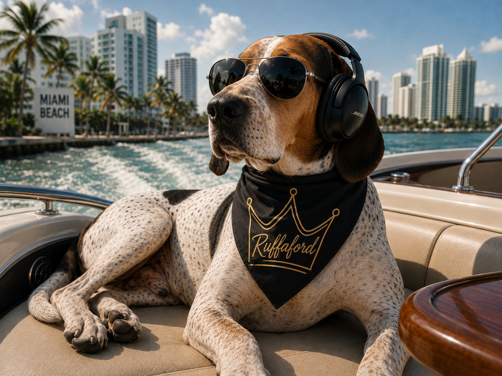 Ruffaford dog wearing sunglasses and a bandana